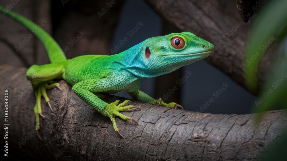 Bright green and blue lizard resting on a tree branch. Bright green and blue lizard resting on a tree branch.