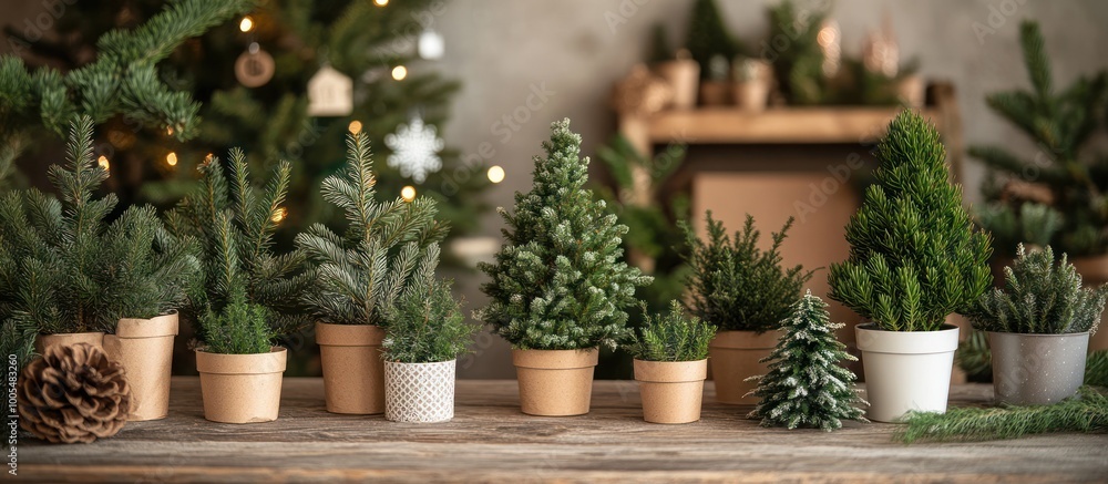Row of potted miniature fir trees on wooden surface. Row of potted miniature fir trees on wooden surface.