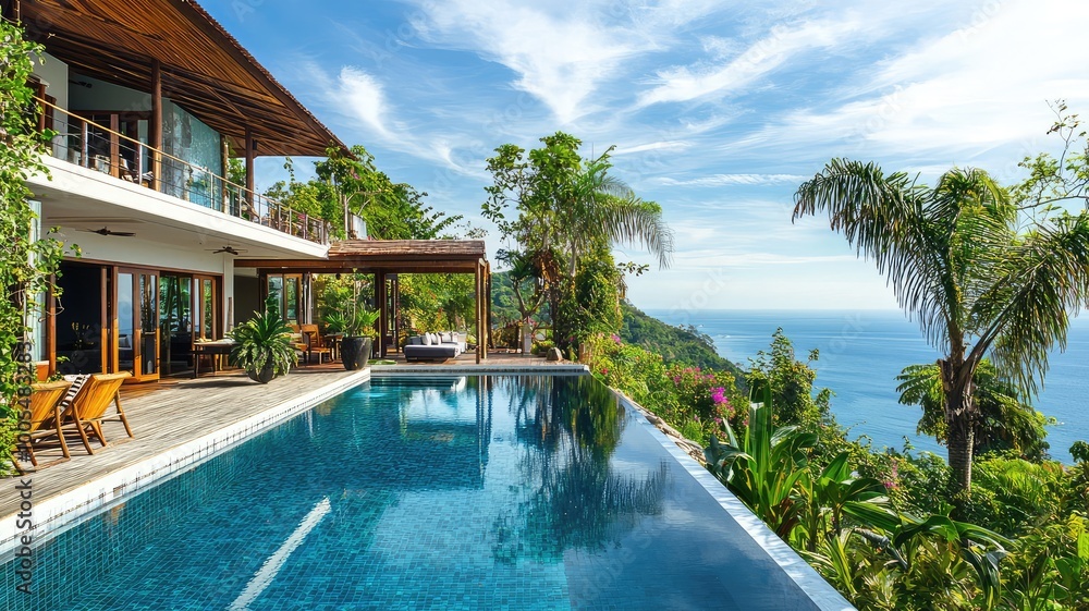 Luxurious villa with infinity pool overlooking the ocean, surrounded by lush greenery and tropical scenery for ultimate relaxation. Luxurious villa with infinity pool overlooking the ocean, surrounded by lush greenery and tropical scenery for ultimate relaxation.