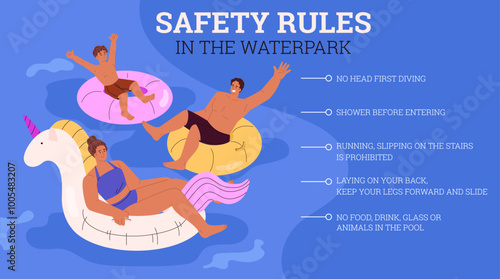 Illustration of a poster with water park safety rules and characters in inflatable rings.