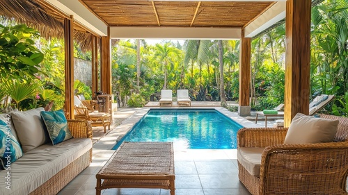 Luxurious poolside retreat surrounded by lush greenery, featuring comfortable seating and a serene atmosphere for relaxation. photo