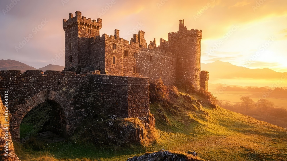 Majestic castle at sunrise, surrounded by lush greenery and rolling hills, capturing the essence of medieval architecture and nature. Majestic castle at sunrise, surrounded by lush greenery and rolling hills, capturing the essence of medieval architecture and nature.