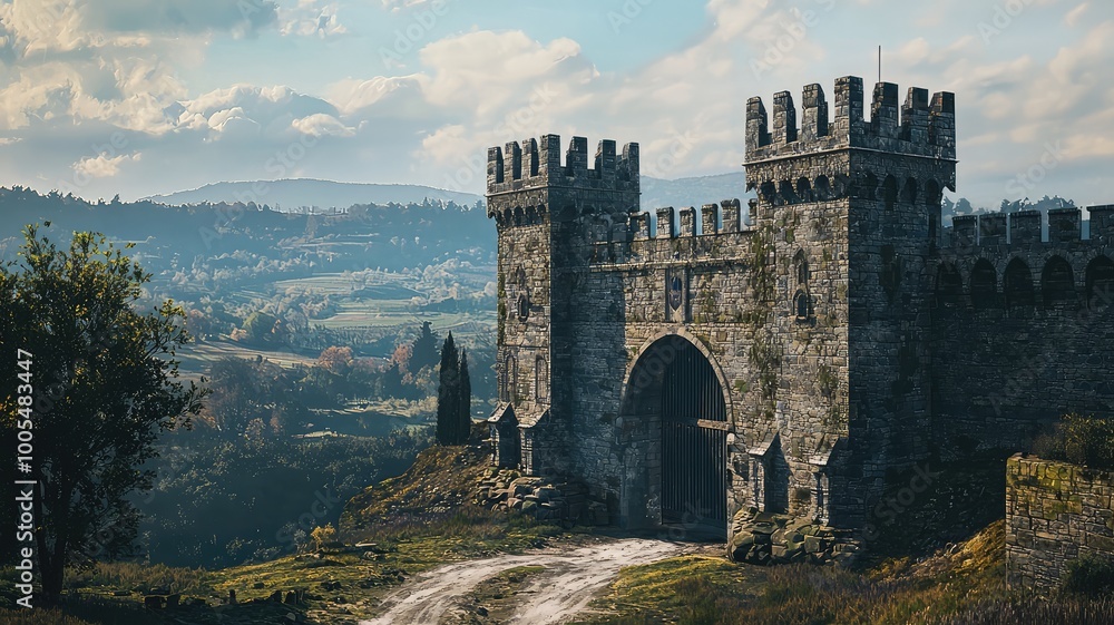 Majestic castle gate stands proud against picturesque hills, showcasing ancient architecture and serene landscapes, perfect for travel themes. Majestic castle gate stands proud against picturesque hills, showcasing ancient architecture and serene landscapes, perfect for travel themes.