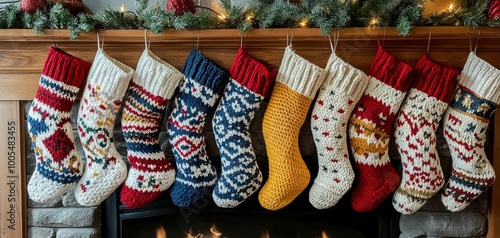 Festive Christmas stockings hanging by the fireplace, decorated for the holiday season.