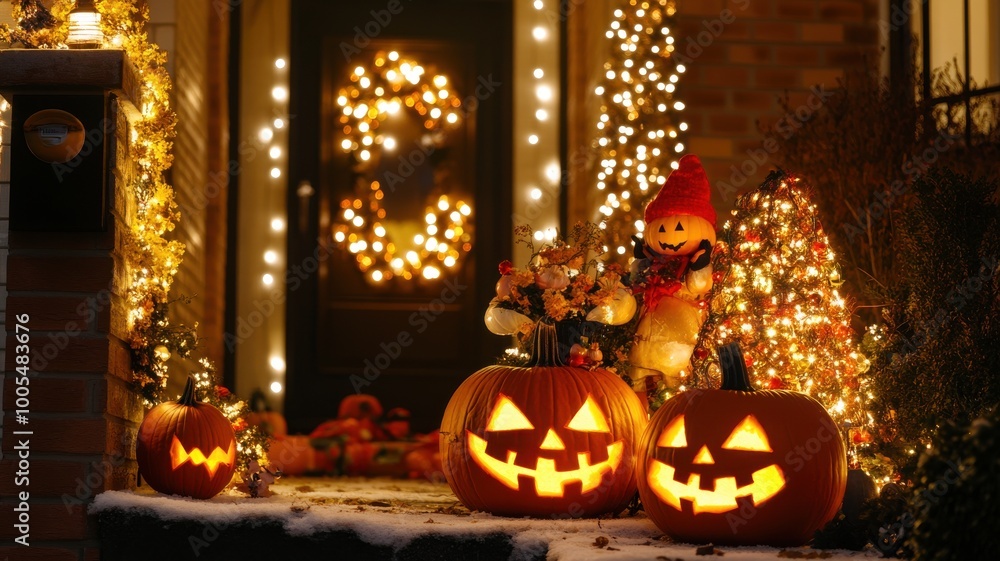 Festive Halloween decorations with pumpkins, lights, and festive ornaments. Festive Halloween decorations with pumpkins, lights, and festive ornaments.