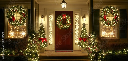 Wallpaper Mural Festively decorated home entrance with Christmas wreaths and lights. Torontodigital.ca