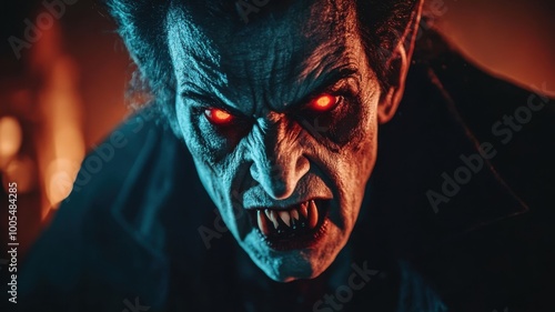 Fierce vampire with glowing red eyes and sharp fangs in a dark setting. photo