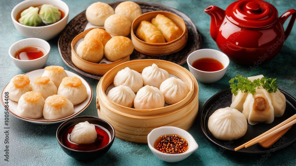 Delicious dim sum assortment with dumplings, buns, and tea Delicious dim sum assortment with dumplings, buns, and tea