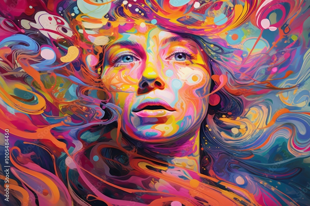 A vibrant, abstract portrait of a person surrounded by colorful swirls. A vibrant, abstract portrait of a person surrounded by colorful swirls.