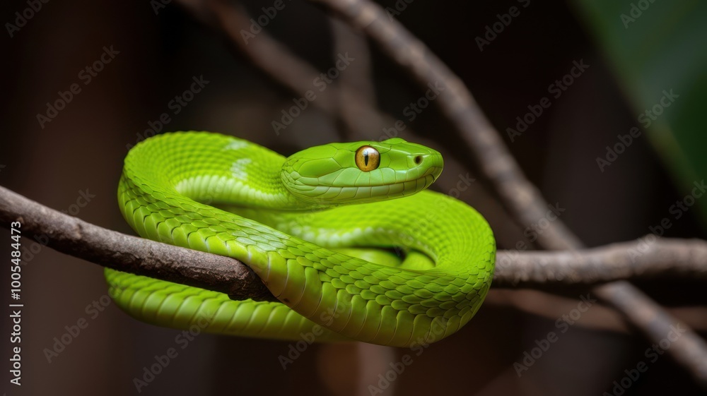 Vibrant green snake coiled on a branch, staring intensely. Vibrant green snake coiled on a branch, staring intensely.