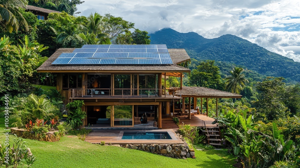 Modern eco-friendly house with solar panels, surrounded by lush greenery and mountains, showcasing sustainable living. Modern eco-friendly house with solar panels, surrounded by lush greenery and mountains, showcasing sustainable living.