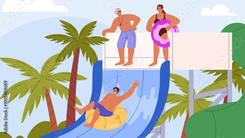 People in water park, enjoy aquapark vector flat illustration, happy man sliding down a water slide in swimming pool