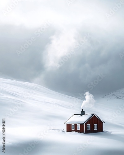 A small red cabin with smoke rising from the chimney sits on a snowy hill with a cloudy sky above.