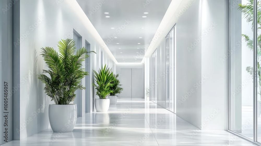 Modern hallway with bright lighting and potted plants, creating a welcoming and serene atmosphere for office or home design. Modern hallway with bright lighting and potted plants, creating a welcoming and serene atmosphere for office or home design.