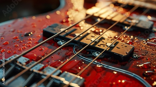 Close Up of a Red Bass Guitar with Water Drops