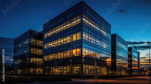 Modern glass office buildings illuminated at dusk, showcasing sleek architecture and vibrant city atmosphere. photo