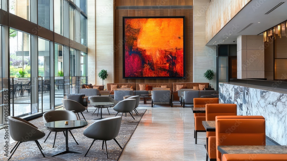 Modern hotel lobby with large abstract artwork, comfortable seating, and a bar. Modern hotel lobby with large abstract artwork, comfortable seating, and a bar.