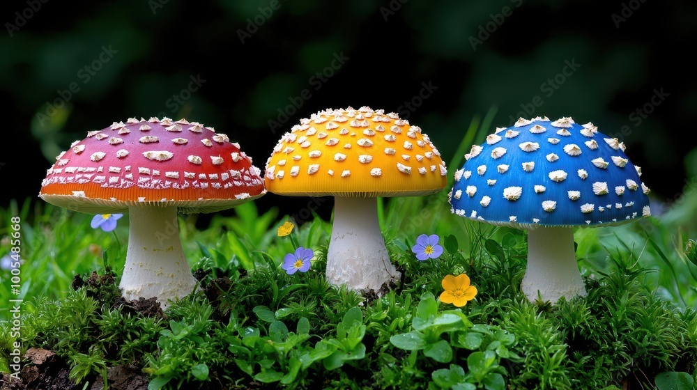 Obraz premium A photostock images of various mushrooms in a field with vibrant greenery and small wildflowers