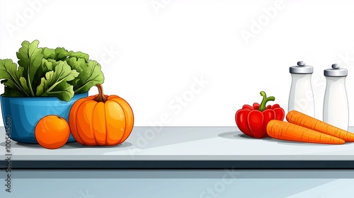 Colorful Cartoon Scene of Fruits and Vegetables on Table on white background