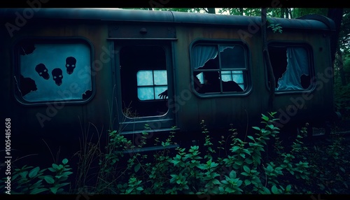 Abandoned Train Car with Creepy Shadows Inside