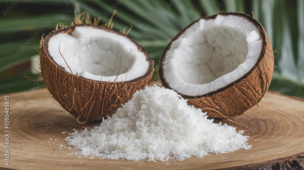 Halved coconut with shredded coconut on a wooden surface Halved coconut with shredded coconut on a wooden surface