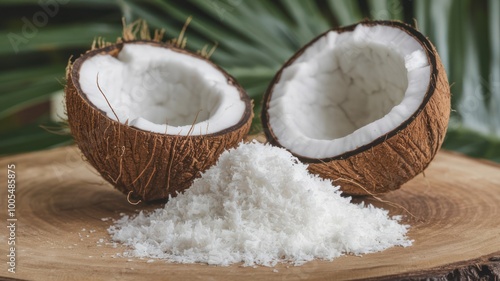 Halved coconut with shredded coconut on a wooden surface