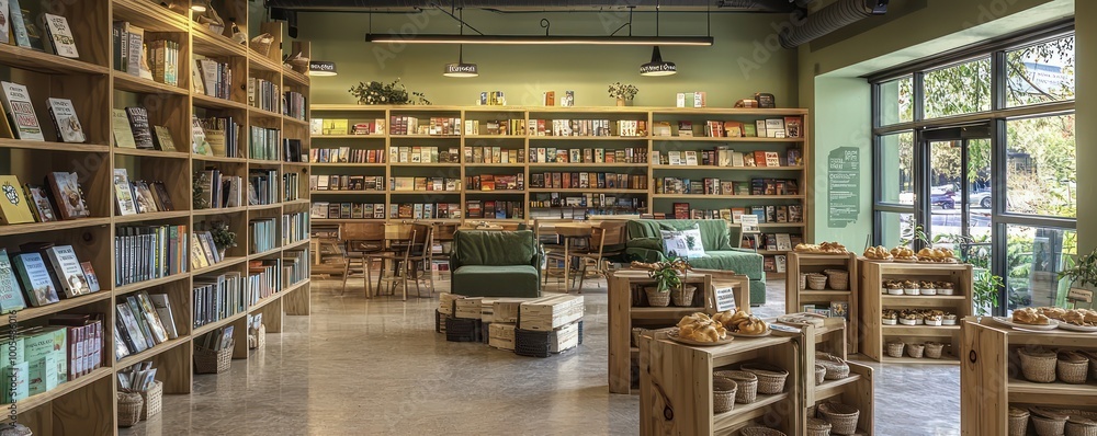 A green-certified bookstore with a caf?(C) serving organic coffee and pastries, featuring shelves and furniture made from recycled materials A green-certified bookstore with a caf?(C) serving organic coffee and pastries, featuring shelves and furniture made from recycled materials