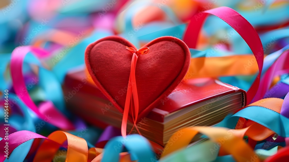 A heart shaped book resting among colorful ribbons