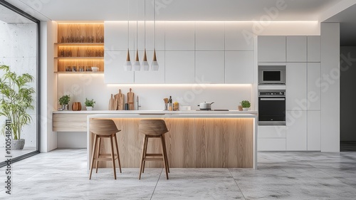 Modern kitchen interior featuring stylish furniture, sleek cabinets, and natural lighting for a bright and airy atmosphere.