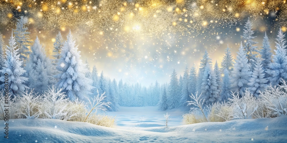 Fototapeta premium A winter wonderland, sparkling with a magical glow, as snow-laden trees stand tall and proud, framing a peaceful, snow-covered landscape
