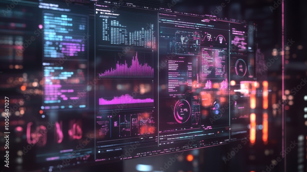 Futuristic data visualization on digital screens with glowing elements. Futuristic data visualization on digital screens with glowing elements.
