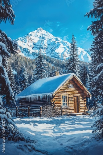 Snowy Cabin with Mountain View