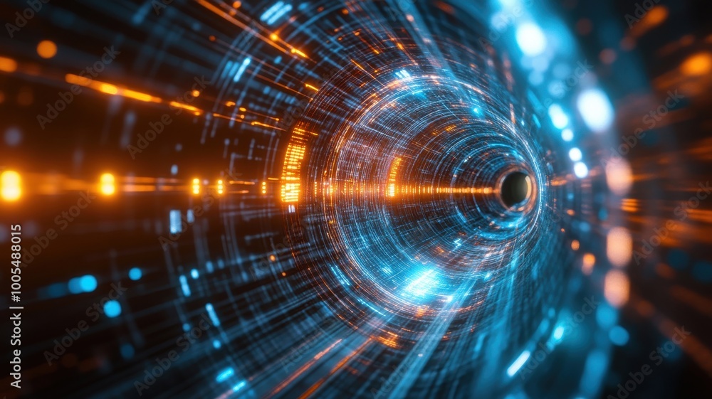 Futuristic tunnel with glowing lights, vibrant blue and orange colors, abstract design. Futuristic tunnel with glowing lights, vibrant blue and orange colors, abstract design.