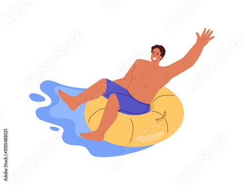 Happy man sliding down a water slide on inflatable circle in waterpark vector illustration, enjoy aquapark swimming pool