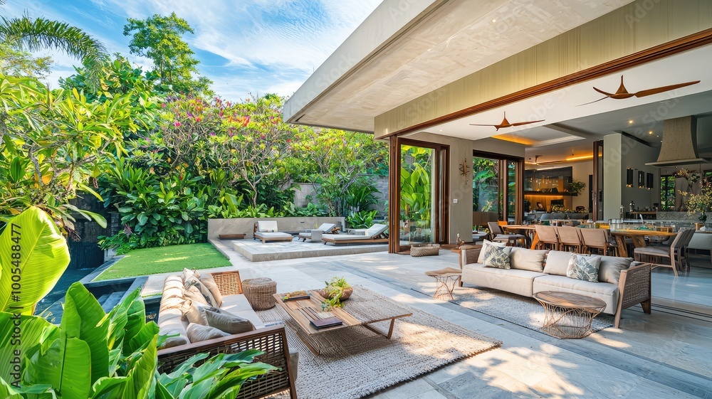 Modern outdoor living area featuring stylish furniture, lush greenery, and inviting ambiance for relaxation and entertainment.