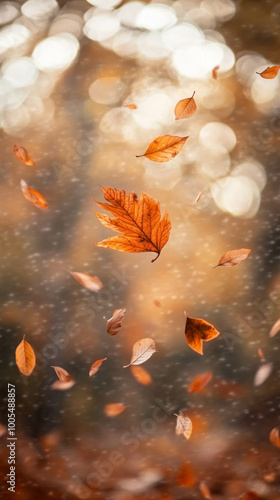 Autumn leaves falling through warm sunlight in a forest scene. AI generative..