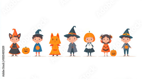 Festive Halloween characters in small costumes arranged as a border. AI generative.. photo