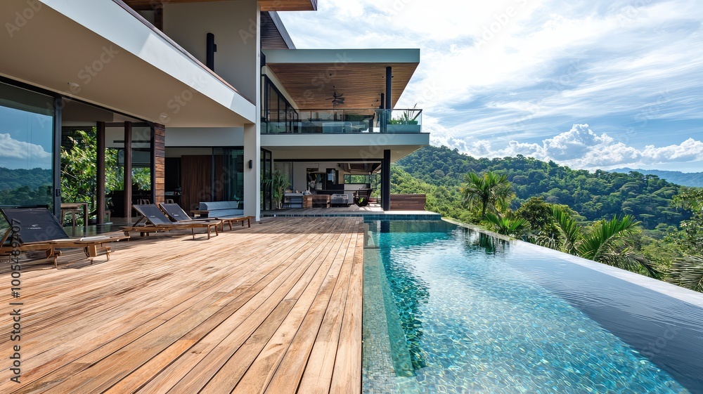 Fototapeta premium Modern villa with a stunning pool, surrounded by lush greenery and scenic mountains, perfect for relaxation and luxury living.