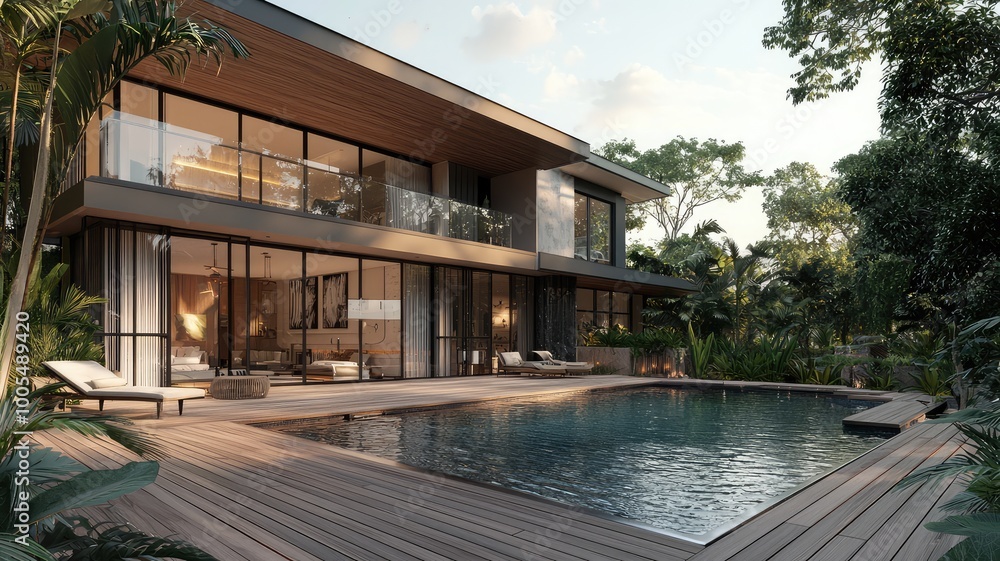 Fototapeta premium Modern villa with pool surrounded by lush greenery, showcasing elegant architecture and serene outdoor living space.