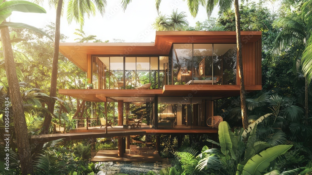 Modern wooden house surrounded by lush tropical greenery, featuring large glass windows for natural light and stunning views.