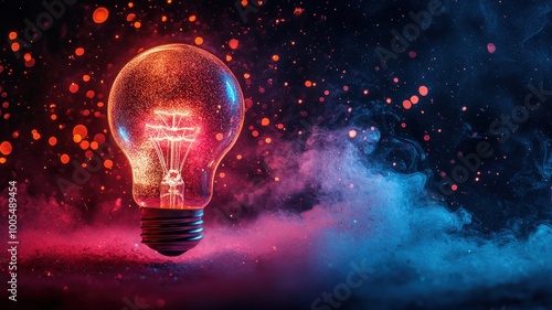 Glowing light bulb with colorful particles, dark background, vivid energy concept.