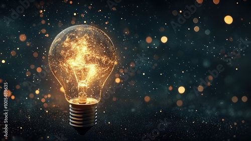 Glowing light bulb with sparks, dark background, illuminating creativity.