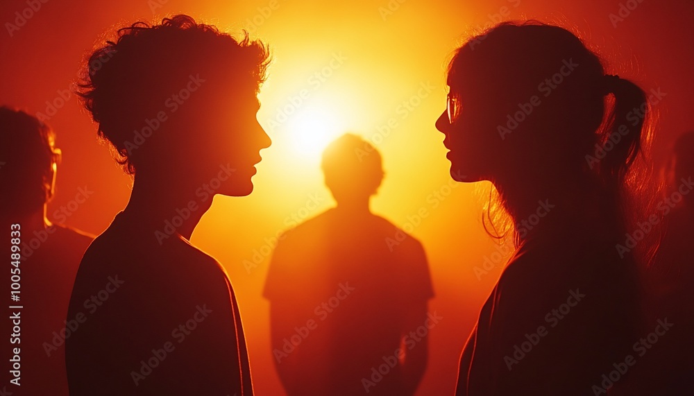 Silhouette of a couple looking at each other in front of an orange light. Silhouette of a couple looking at each other in front of an orange light.