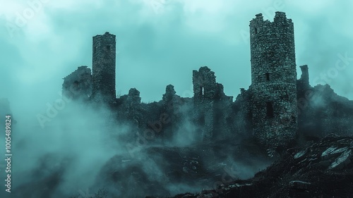 Mysterious ruins emerge from swirling fog, creating an eerie atmosphere around ancient stone towers in a haunting landscape.