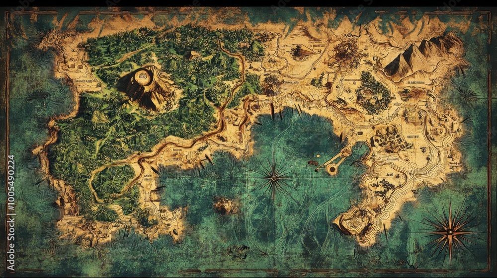 Naklejka premium An Old, Detailed, Hand-Drawn Map of a Fictional Island with Terrain Features
