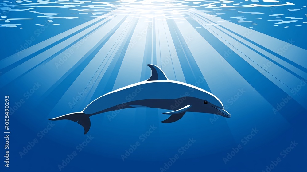 Fototapeta premium A single dolphin swims through a beam of sunlight shining through the water.