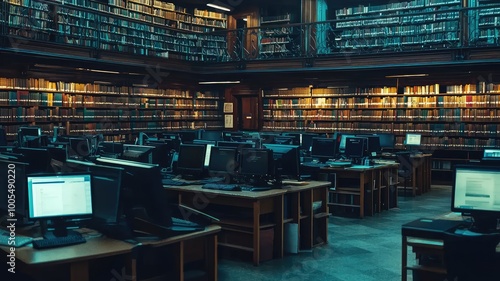 Quiet library interior with rows of bookshelves and computers, perfect for studying or research in a tranquil setting.