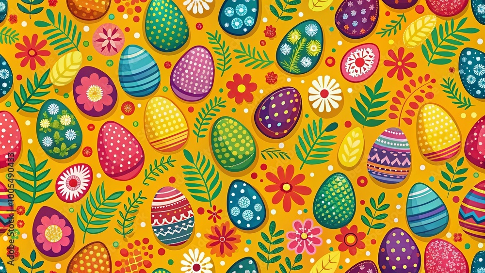 Festive Springtime Egg Pattern with Floral Delights and Branching Leaves Festive Springtime Egg Pattern with Floral Delights and Branching Leaves
