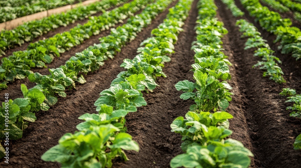 Green leafy plants growing in well-organized rows on fertile soil. Green leafy plants growing in well-organized rows on fertile soil.