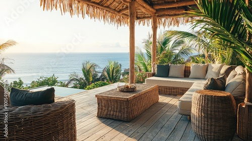 Relaxing outdoor seating area with ocean view, surrounded by tropical greenery and a cozy atmosphere for leisure and comfort. photo